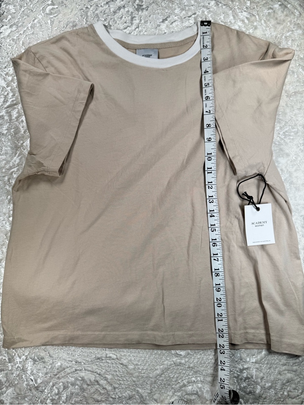 NWT Academy SUPERSOFT Beige Short Sleeve Crewneck Tee with White Trim